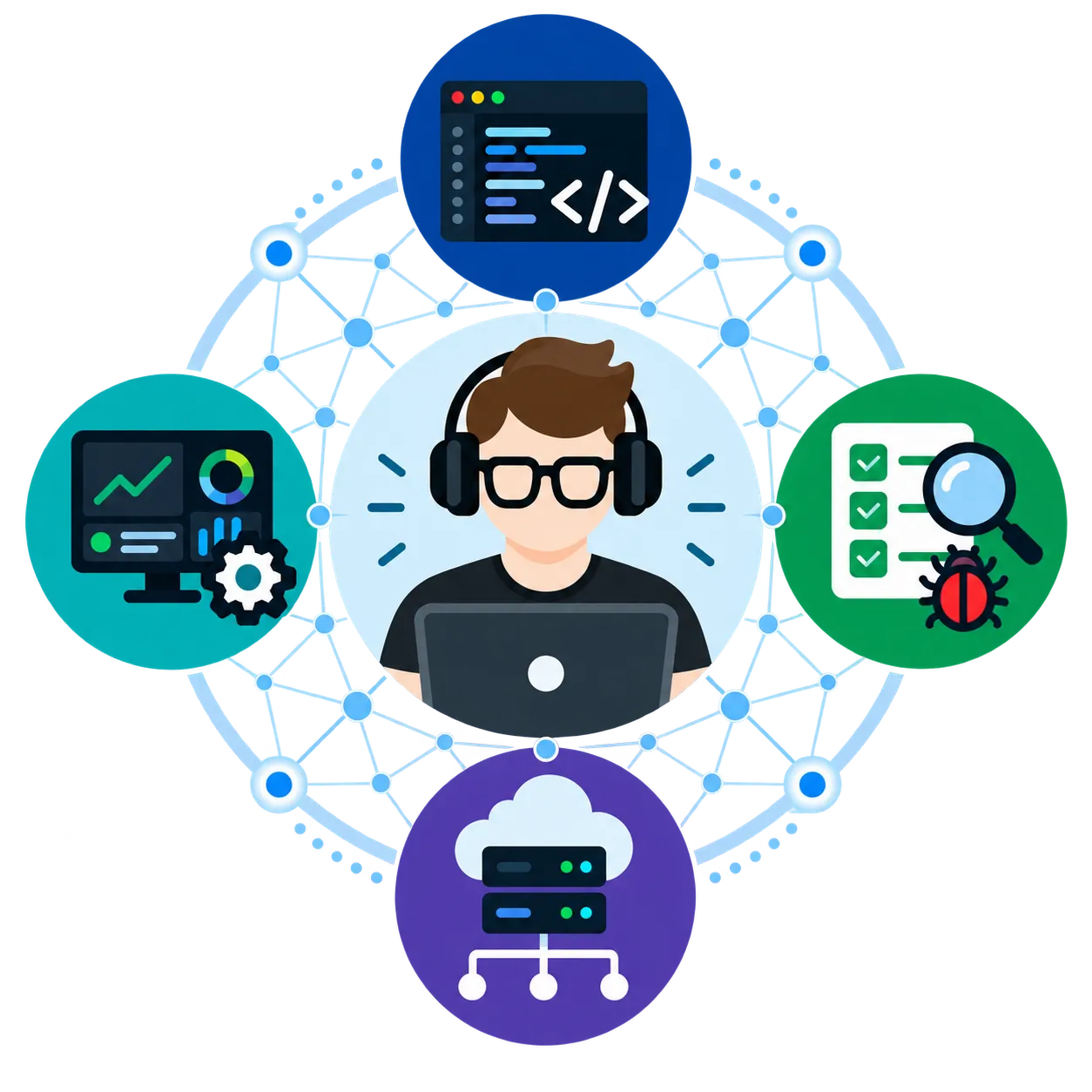 A developer at a laptop in the centre of a connected network, ringed by four discipline icons: a code editor, a test checklist with a bug, cloud servers, and a monitoring dashboard.